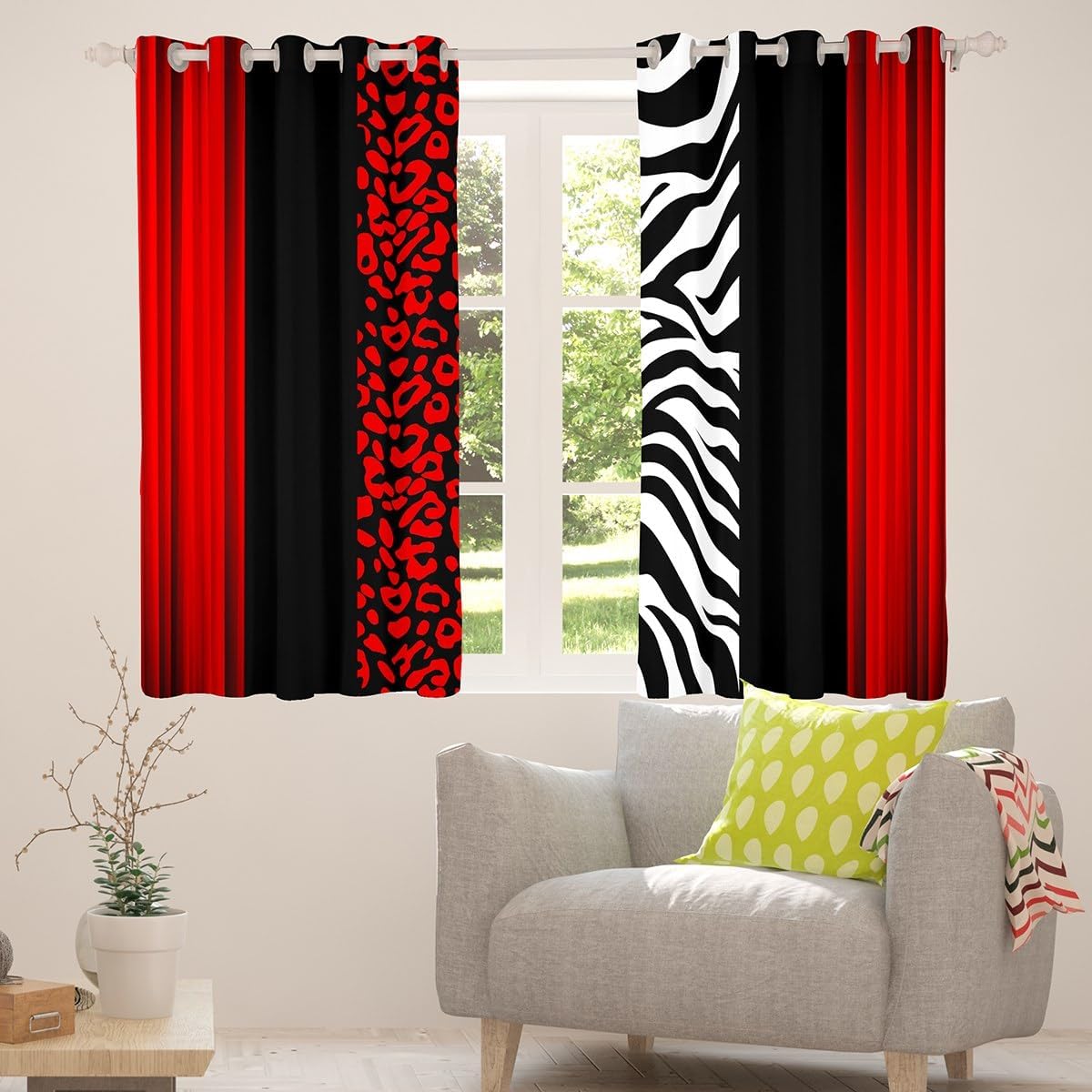 Feelyou Kids Leopard Zebra Curtains for Bedroom Living Room (2 Panels, 52 x 63 Inch) Ombre Red Black Darkening Dreapes Teens Decor Cheetah Blackout Curtains Animal Print Window Treatments
