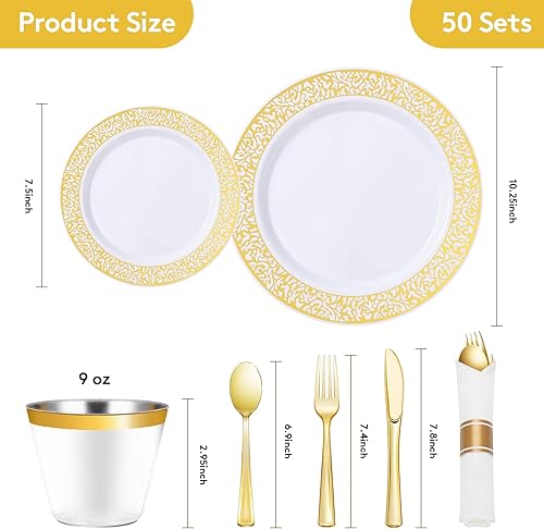 Miniatura 4 de 350 Piece Rose Gold Plastic Dinnerware Set for 50 Guests, Disposable Lace Plates for Party, Include 50 Rose Gold Party Plates, 50 Dessert Plates, 50