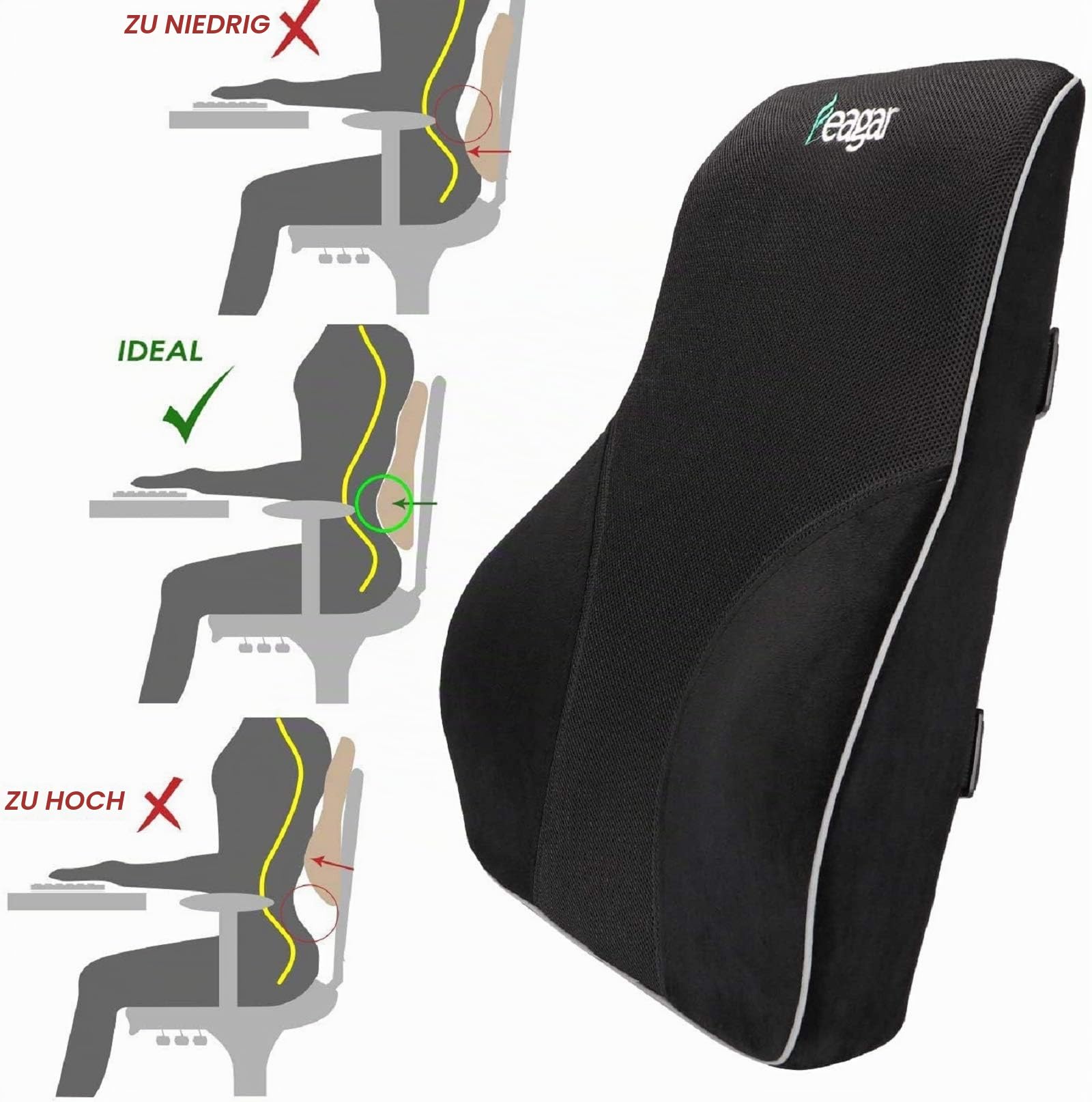 Feagar Lendenkissen - Memory Foam Rückenkissen für Bürostuhl & Sofa | Rückenstütze-Kissen für Büro & Zuhause, Schwarz | Ergonomisches Rückenkissen, Rückenstütze Für Büro & Zuhause, Schmerzfreier Lendenwirbel, Atmungsaktiv, Komfort