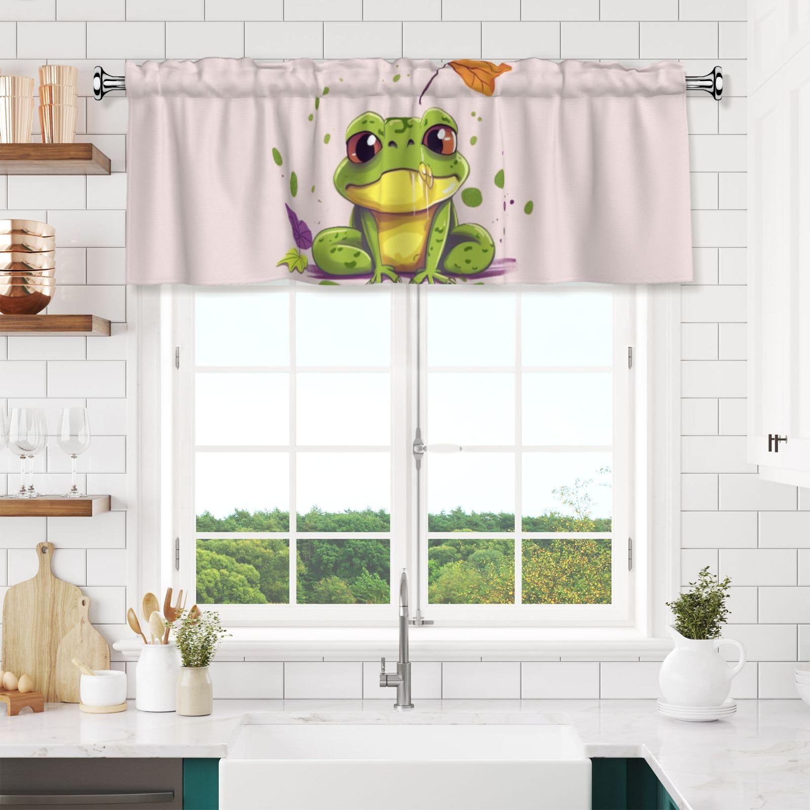 NONHAI Leaves and Frog Valances for Windows Short Curtains Rod Pocket Cafe Window Treatments Valance Curtains for Kitchen Bathroom Laundry Basement Windows 54x18inch Blackout Window Valance