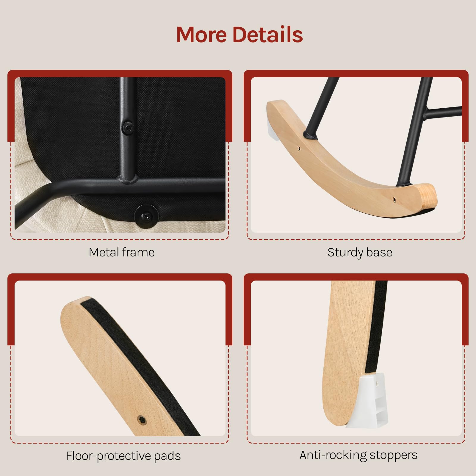 WOLTU Fauteuil à Bascule Adulte, Fauteuil à Oreilles Rembourré, Chaise Relaxante sur Pieds en Métal et en Bois Massif pour Salon, Chambre, Balcon, Terrasse, Jardin, 90x68x94cm, Beige