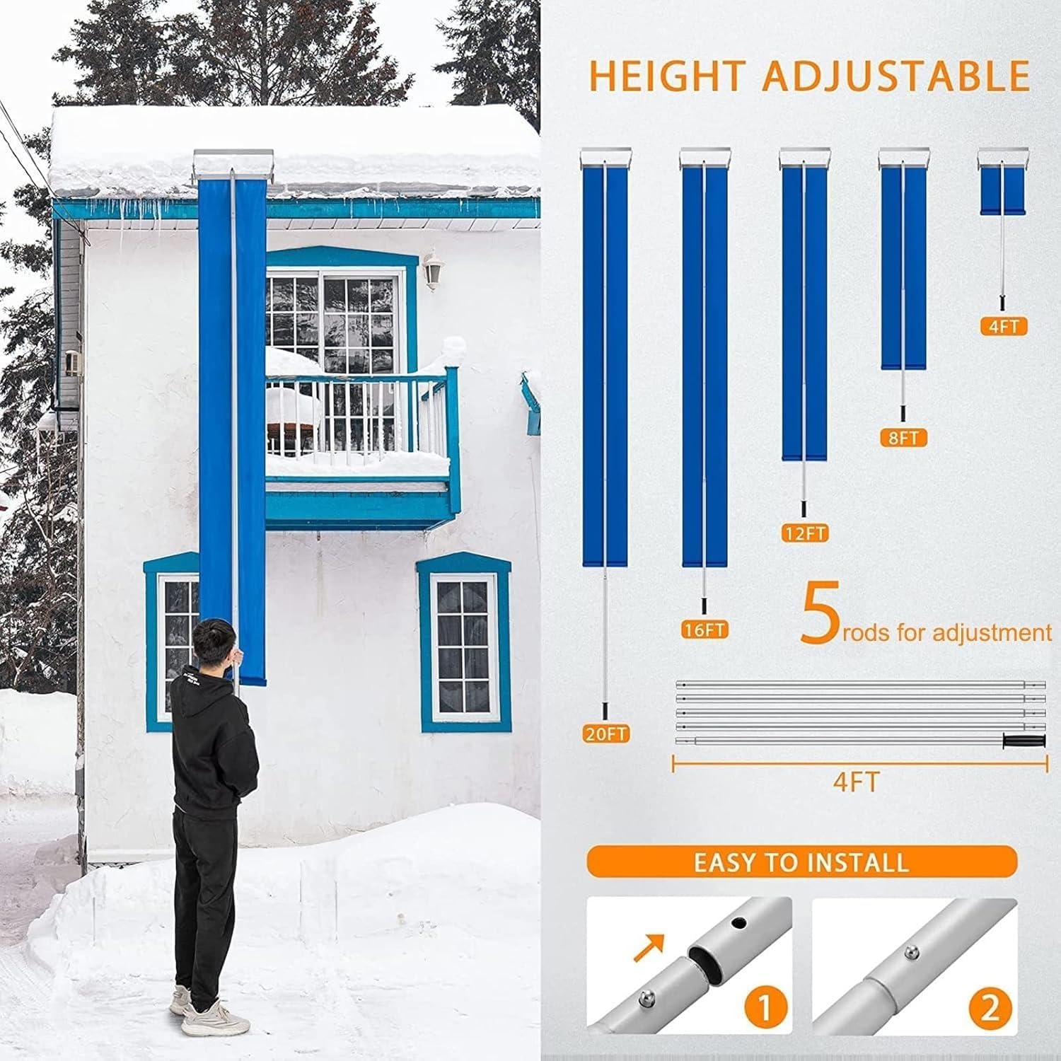 5-20FT Extendable Snow Rake for Roof, Roof Rake for Snow Removal, 5 X 4FT Adjustable Extended Pole Anti-Slip Handle for Removing Snow Leaves Debris