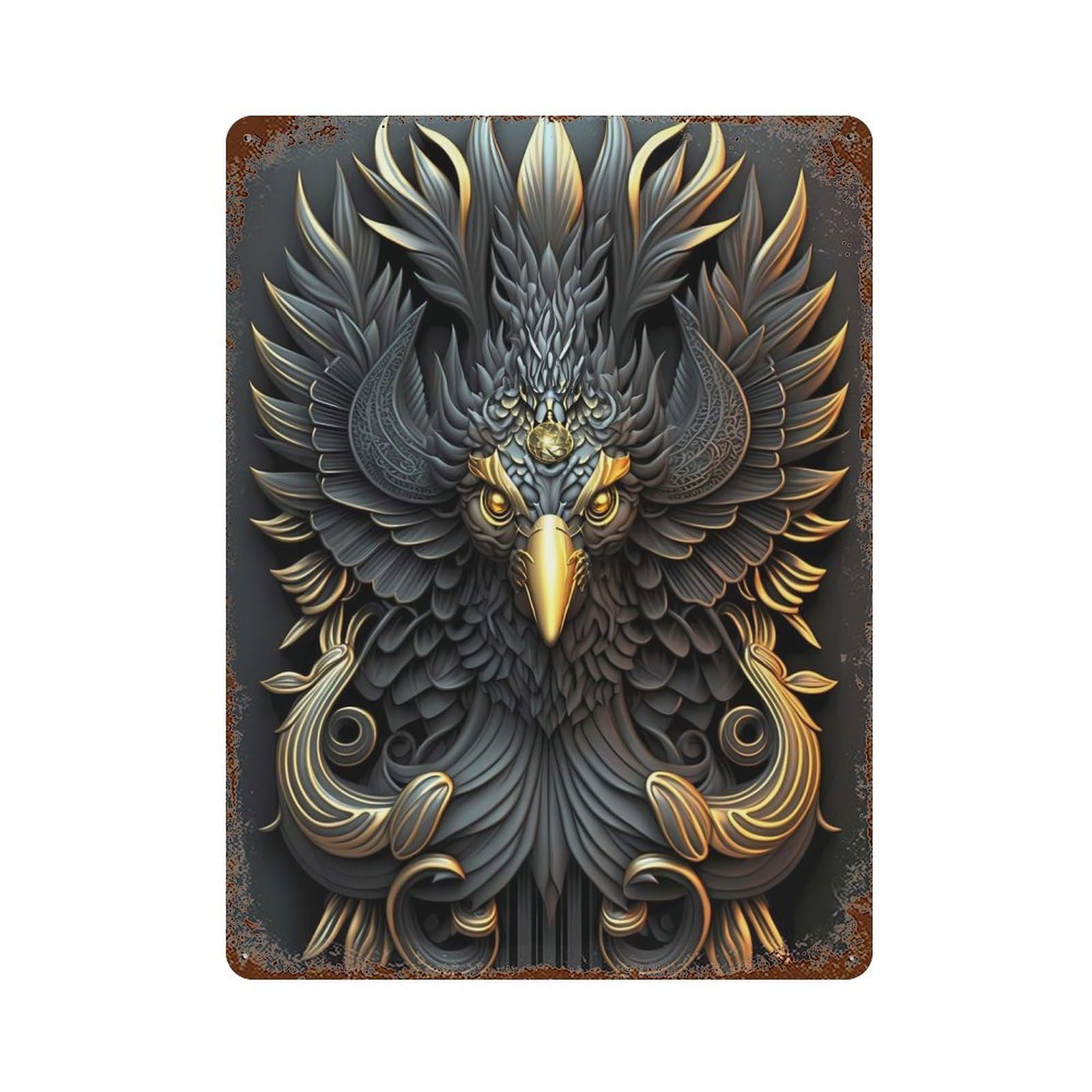 Golden King Phoenix Rust Effect Tin Sign 15.7"x11.8", Vintage Wall Decor for Garage, Pub Or Kitchen