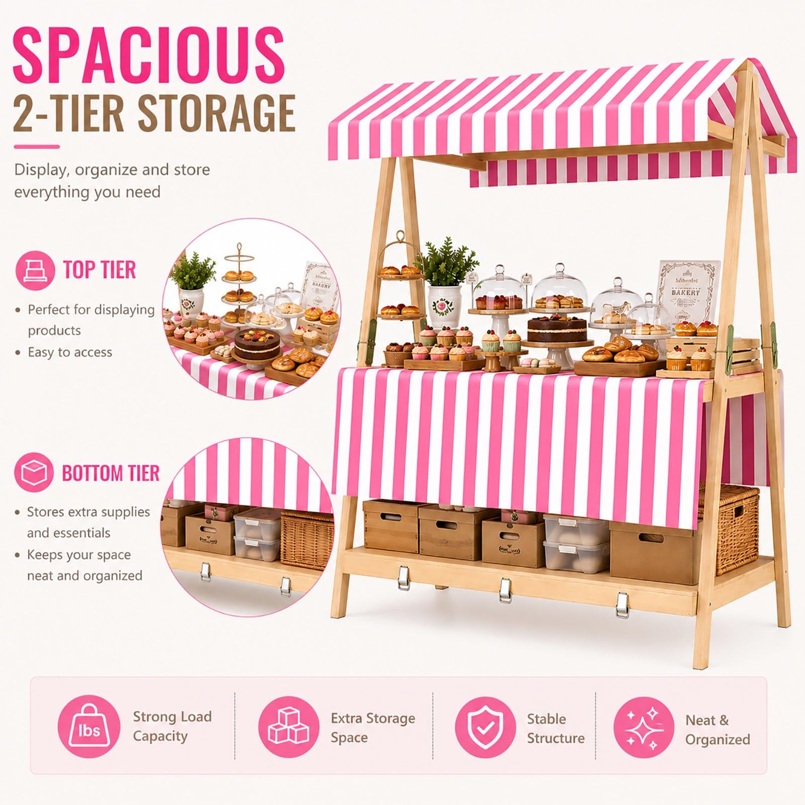 Stand Espositore Pieghevole in Legno con Tettuccio | Carrello Alimentare Portatile in Legno, Stand a 2 Livelli per Mercati e Feste(Blue,136cm/54")