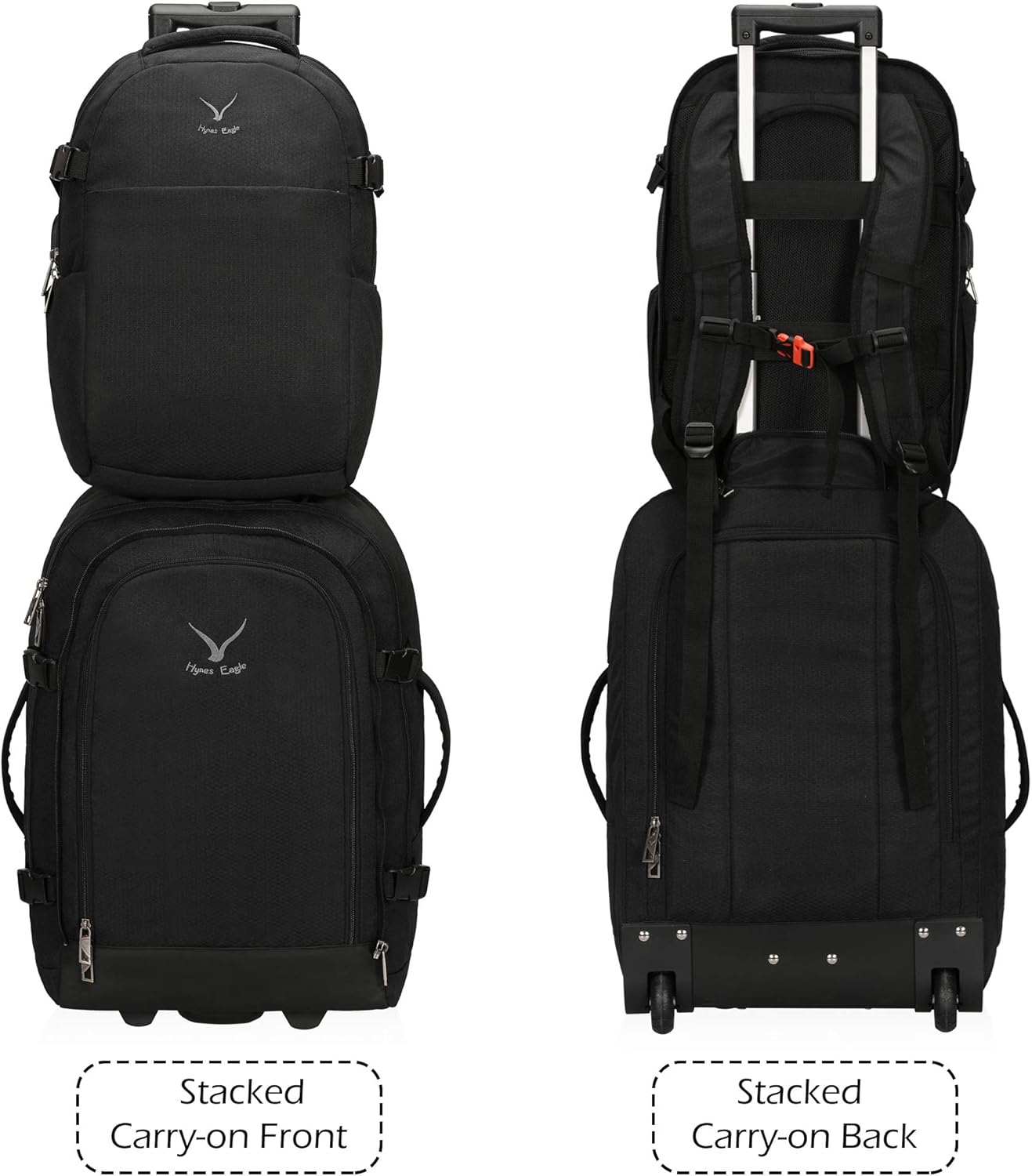 Hynes Eagle 2 in 1 Travel Backpack 22 inches Carry on Luggage 63L Rolling Wheeled Backpack with Packing Cubes 3PCS Set Black with Grey