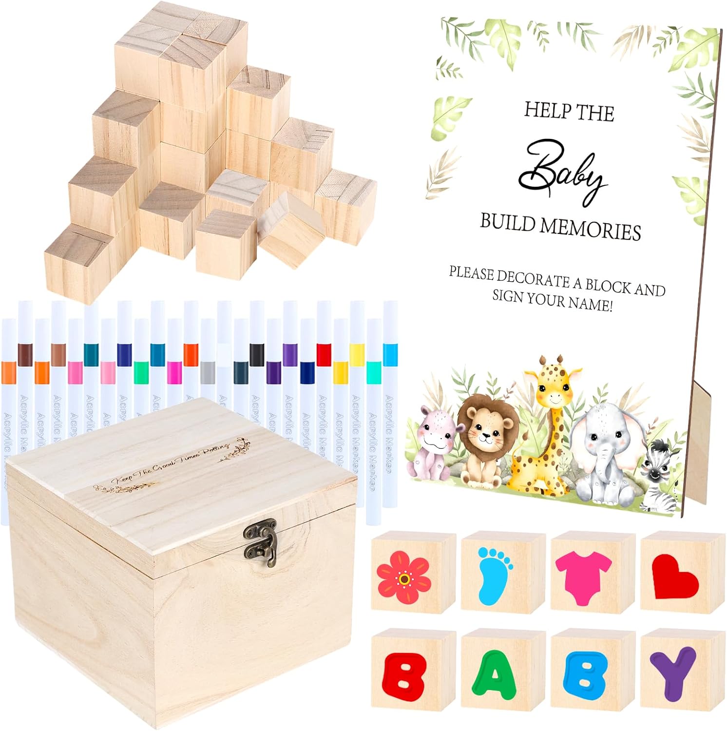 150 PCS Safari Baby Shower Games Sign Kit Includes 100 Wooden Blocks, 48 Markers, 1 Game Sign, 1 Storage Box for Baby Shower Gender Reveal Activity Party Decorations