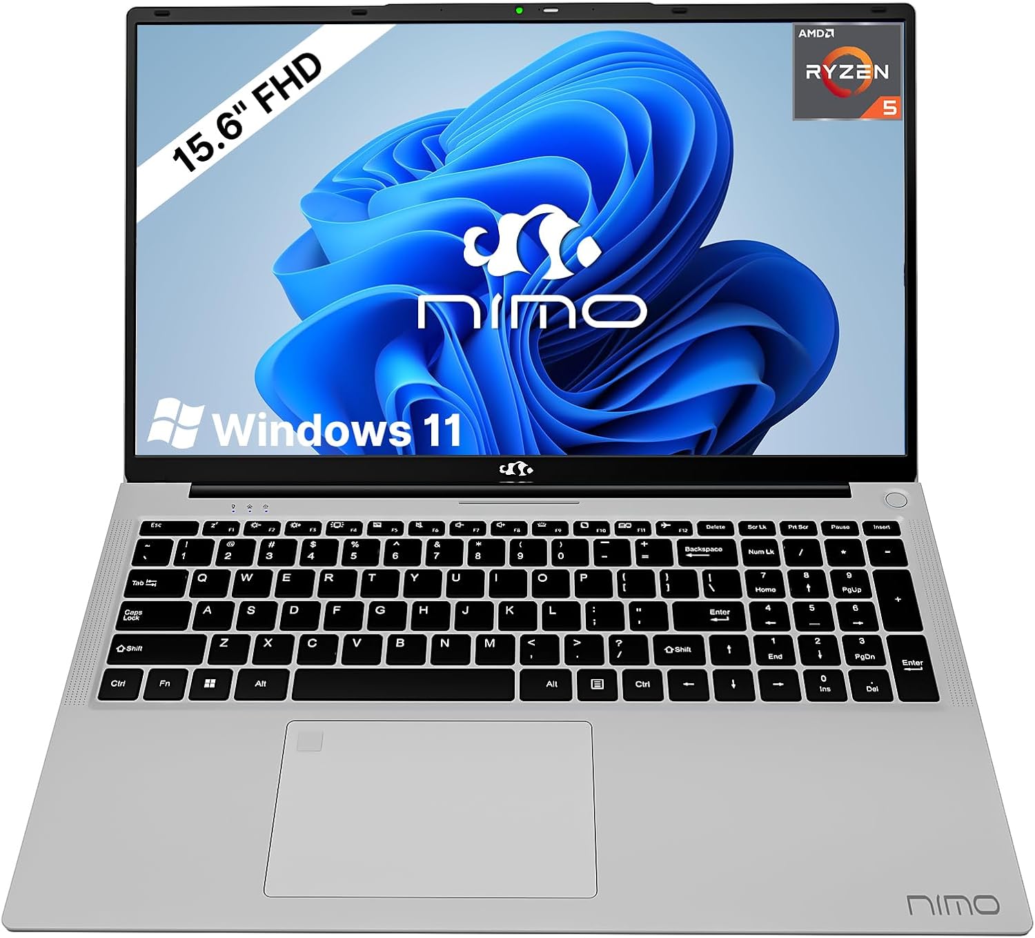 NIMO 15.6 inch Laptop FHD, AMD Ryzen 5 3500U, 32GB RAM, 1TB SSD, Windows 11, Backlit Keyboard, Fingerprint Reader, 65W PD, Lightweight Computer for Work and Student, Classic Silver (Renewed)
