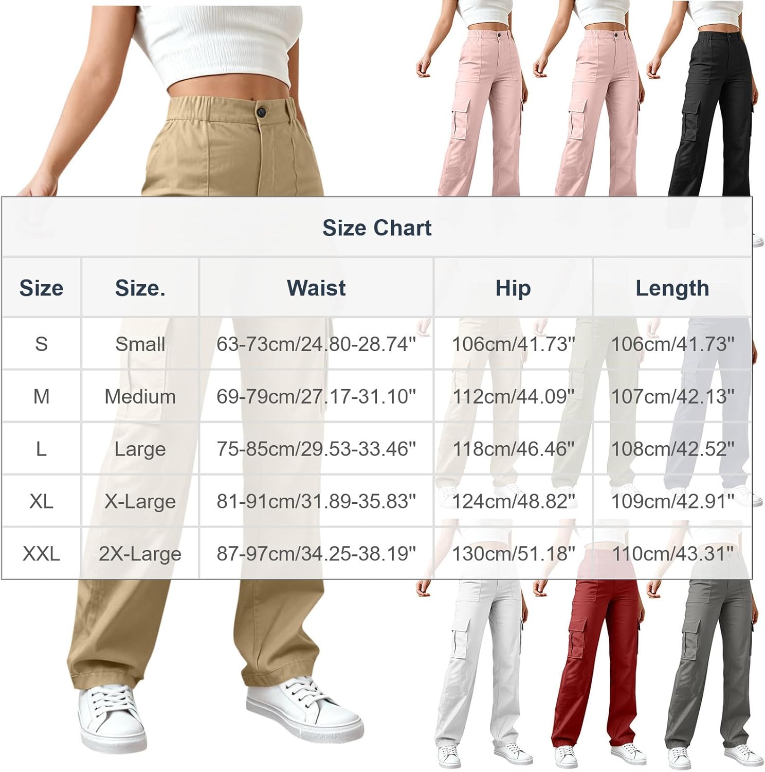 Pants for Women Stretch Elastic Waist Button Sweatpants Casual Outdoor Hiking Cargo Trousers with Pockets - Image 3