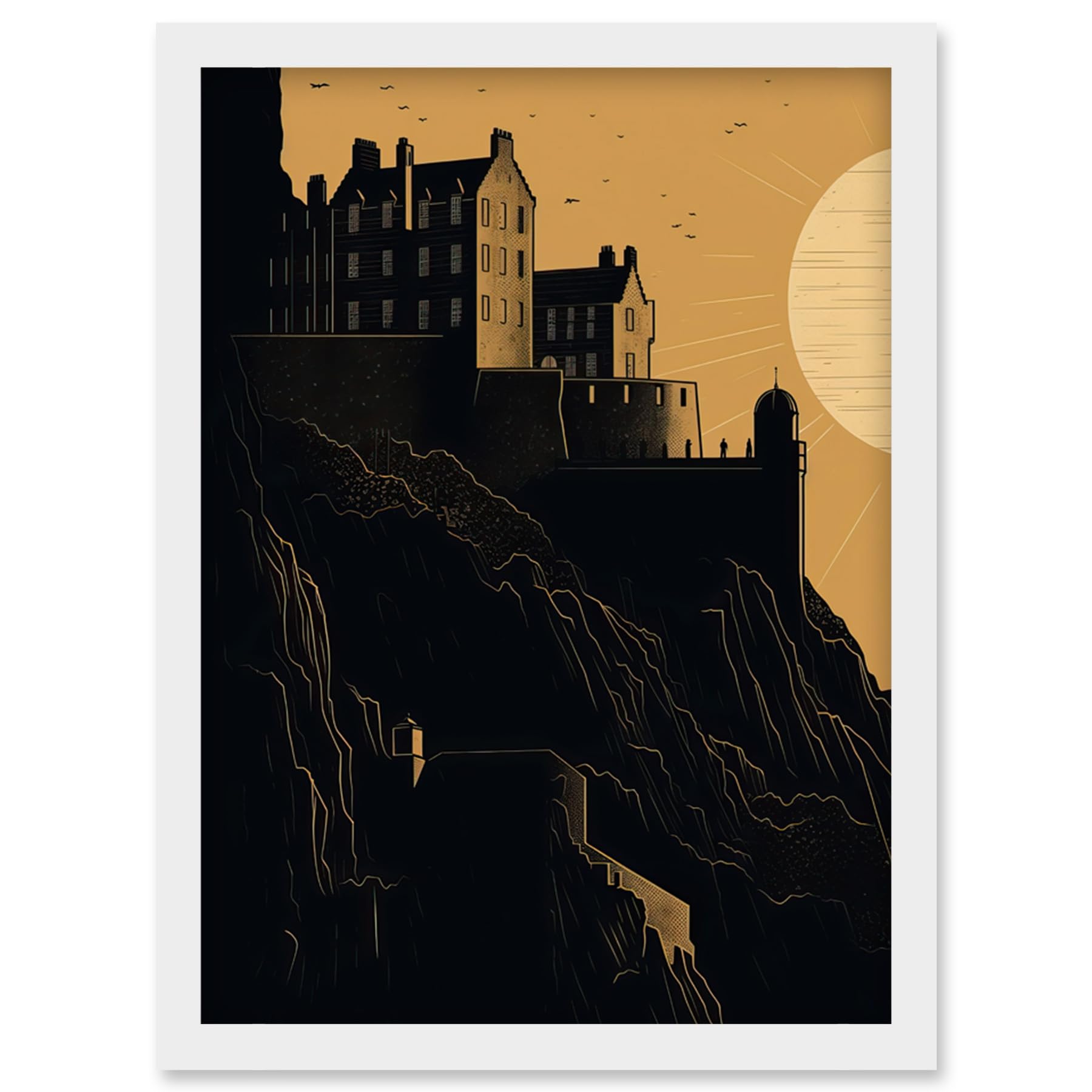 Artery8 Edinburgh Castle at Sunset Linocut Illustration Artwork Framed Wall Art Print A4