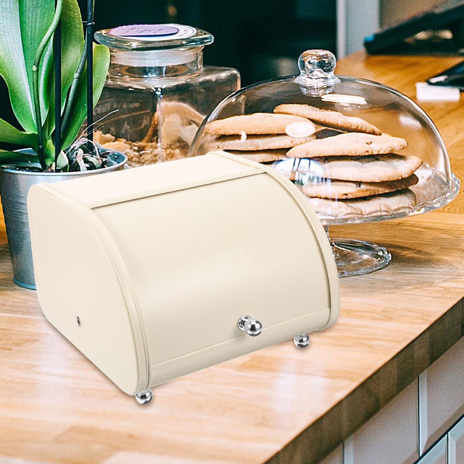 Contenitore Robusto e Multifunzionale Beige per Pane in Acciaio al Carbonio Coperchio Scorrevole e Conservazione Alimenti per Bancone Cucina