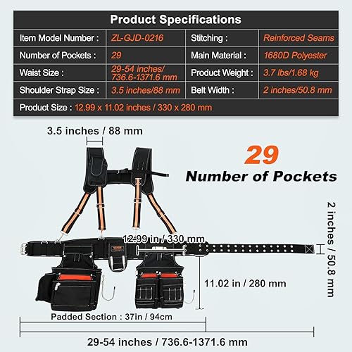 Miniatura 7 de Tirantes de cinturón de herramientas profesionales, ajustables de 29 a 54 pulgadas, 29 bolsillos de poliéster 1680D, bolsas de cinturones de