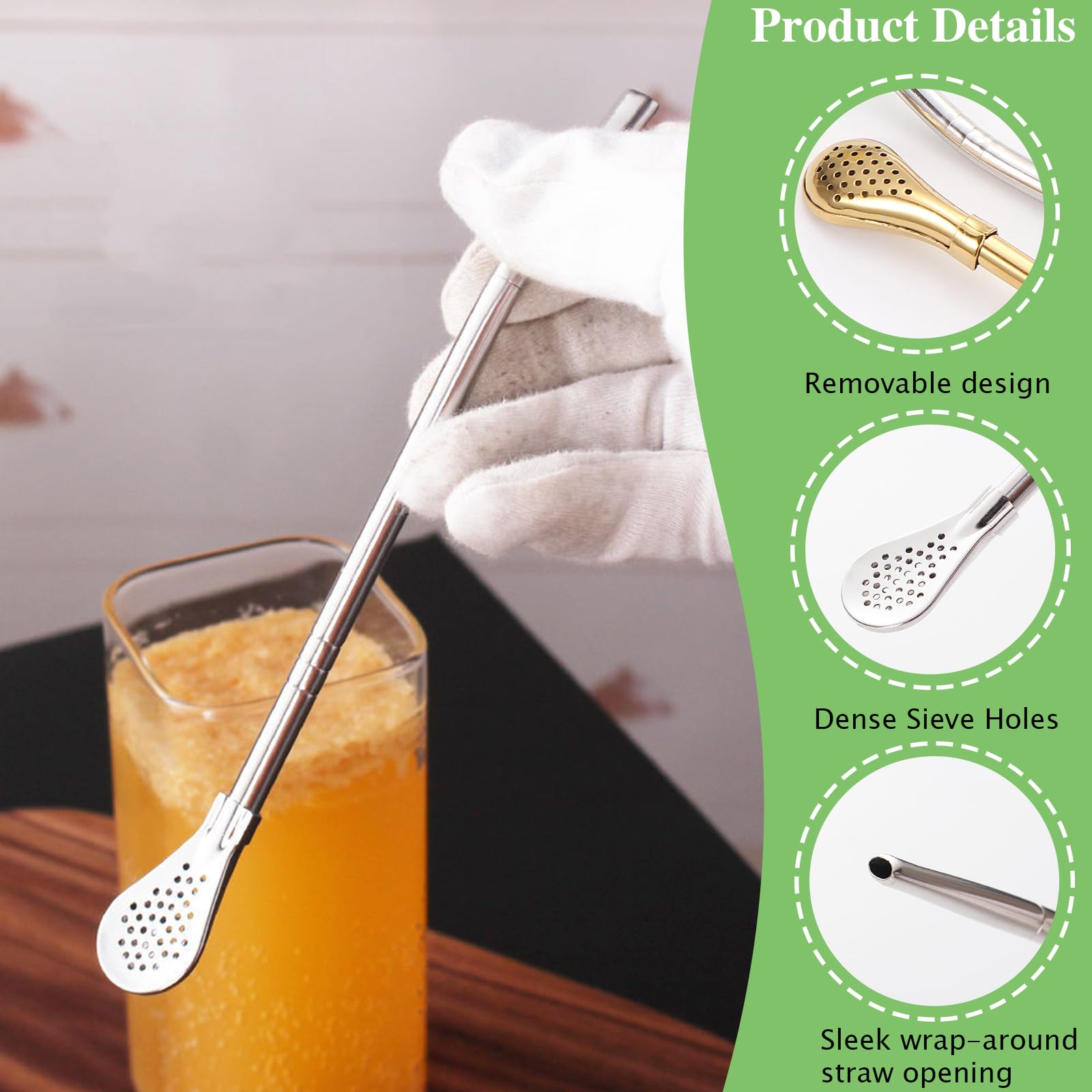 4 Pack Removable Stainless Steel Straw Filter Spoon & 4 Cleaning Brushes, Yerba Mate Straws Bombilla, Reusable Drinking Stir Sticks, Metal Stirrer for Coffee Loose Tea Cocktail (Gold)