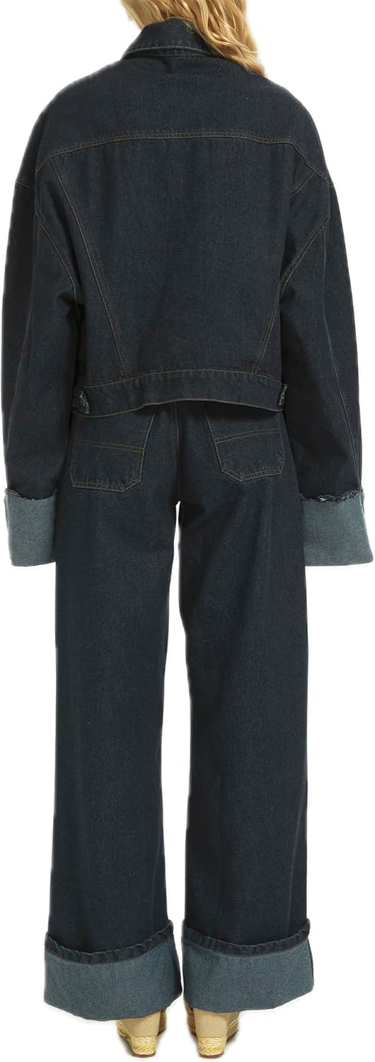 Women's Denim Jacket and Curled Leg Jeans Pants Set, Cropped Style and Cuffed Design - Image 9