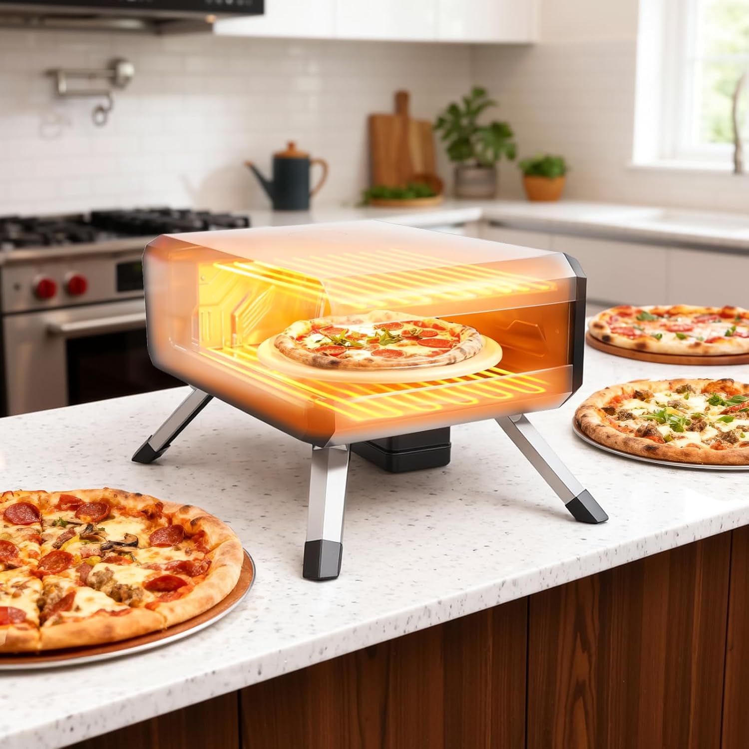 Pizza Oven, with 14" Pizza Stone and Legs,Automatic Rotation Function Outdoor Gas Pizza Ove, Carbon Steel Material,Maximum Temperature of 700°F, for Camping, Parties and Backyard Barbecues,Outdoor