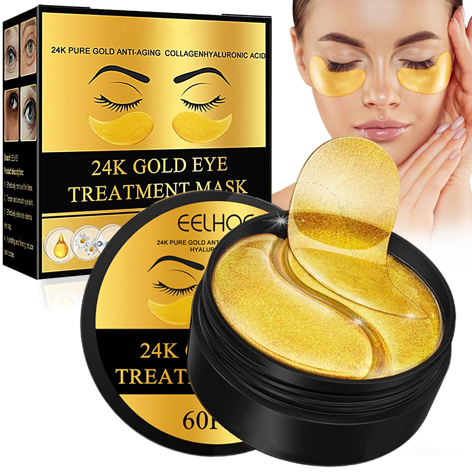 24K Gold Masque Pour Les Yeux 60 Patch,Patch Anti Cernes Yeux, Hydratant, Soulager la Fatigue, Réduit Yeux Poches, Patchs pour Les Soins des Yeux, pour Femmes/Homme
