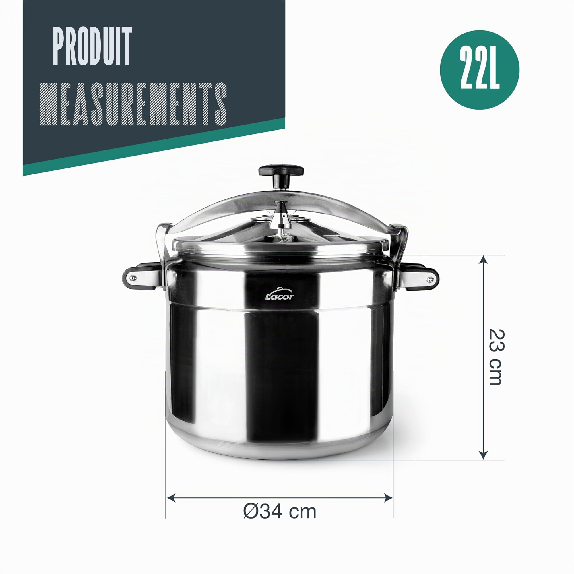LACOR - 20522 - Autocuiseur rapide PRO, Classic, Aluminium, Professional, Sécurité maximale, 22 L, Ø 34 cm