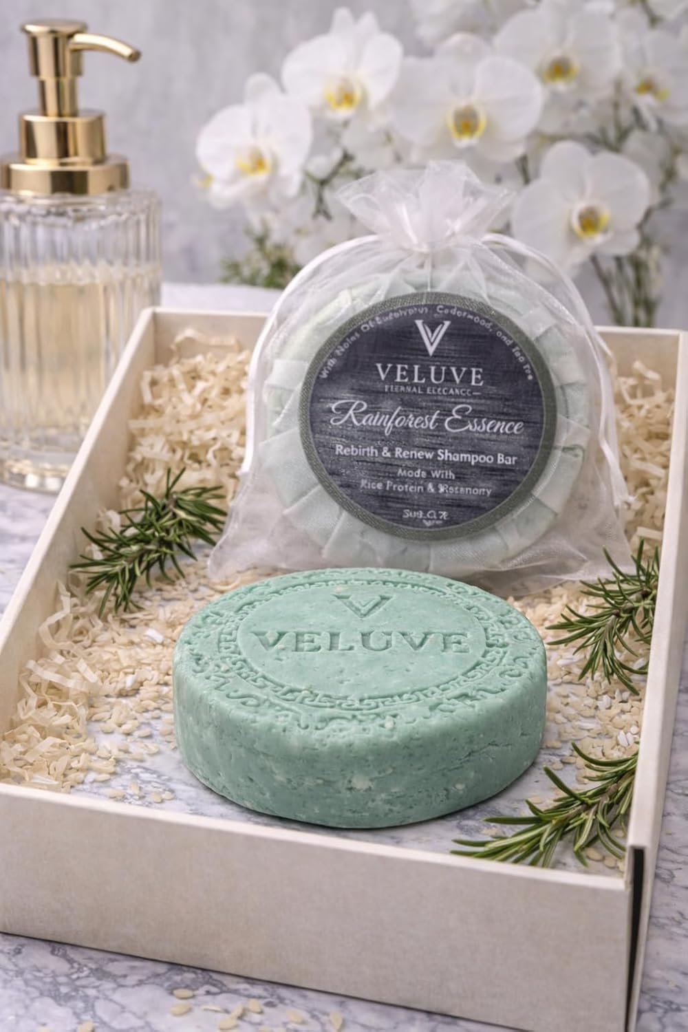 Veluve Botanical Scalp Care Solid Shampoo Bar Rainforest Essence - Caffeine, Panthenol & He Shou Wu Complex - Sulfate-Free for Clarifying & Strengthening - 3.7 oz