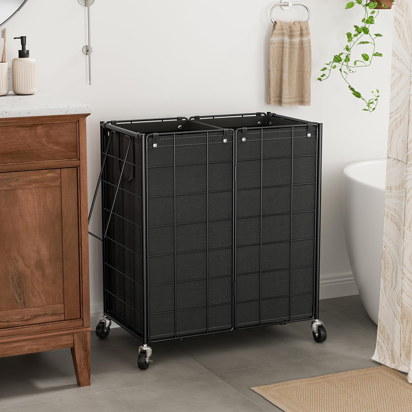 WOWLIVE Double Laundry Hamper with Wheels,Metal Wire Frame Rolling Laundry Basket with 2 Removable bags,120L Dirty Clothes Hamper Organizer Dorm Room Storage for Bedroom,Bathroom,Black