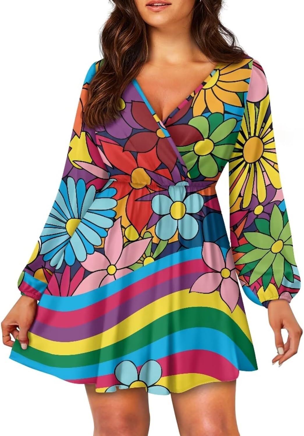 POLERO Mini Dresses for Women Long Sleeve Casual Dress High Waist A-Line V Neck Short Dress