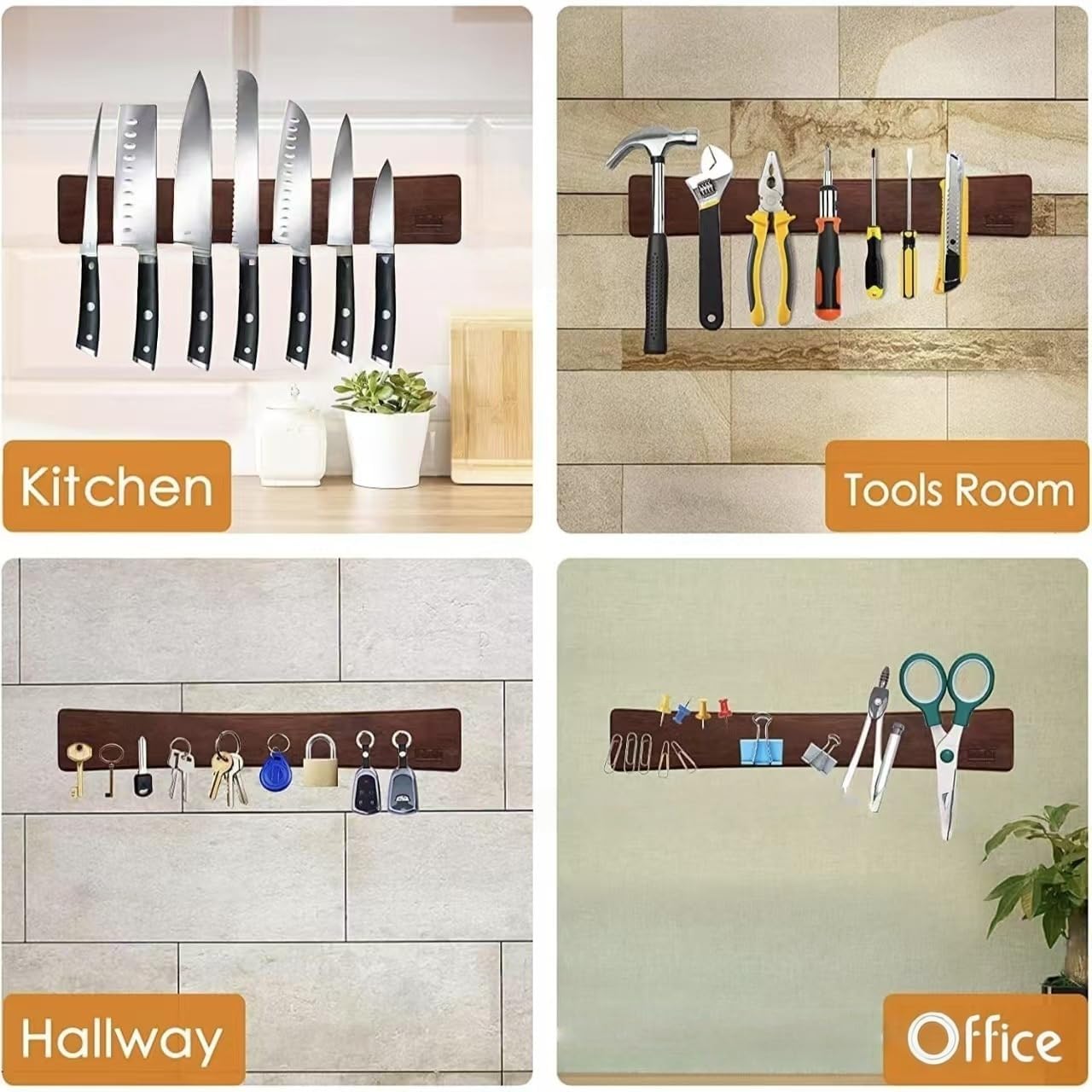 Magnetic Knife Strip, Wall Mounted Wooden Knife Holder, 40 Inch Solid Wood Kitchen Knife Bar with Double-Row Magnets