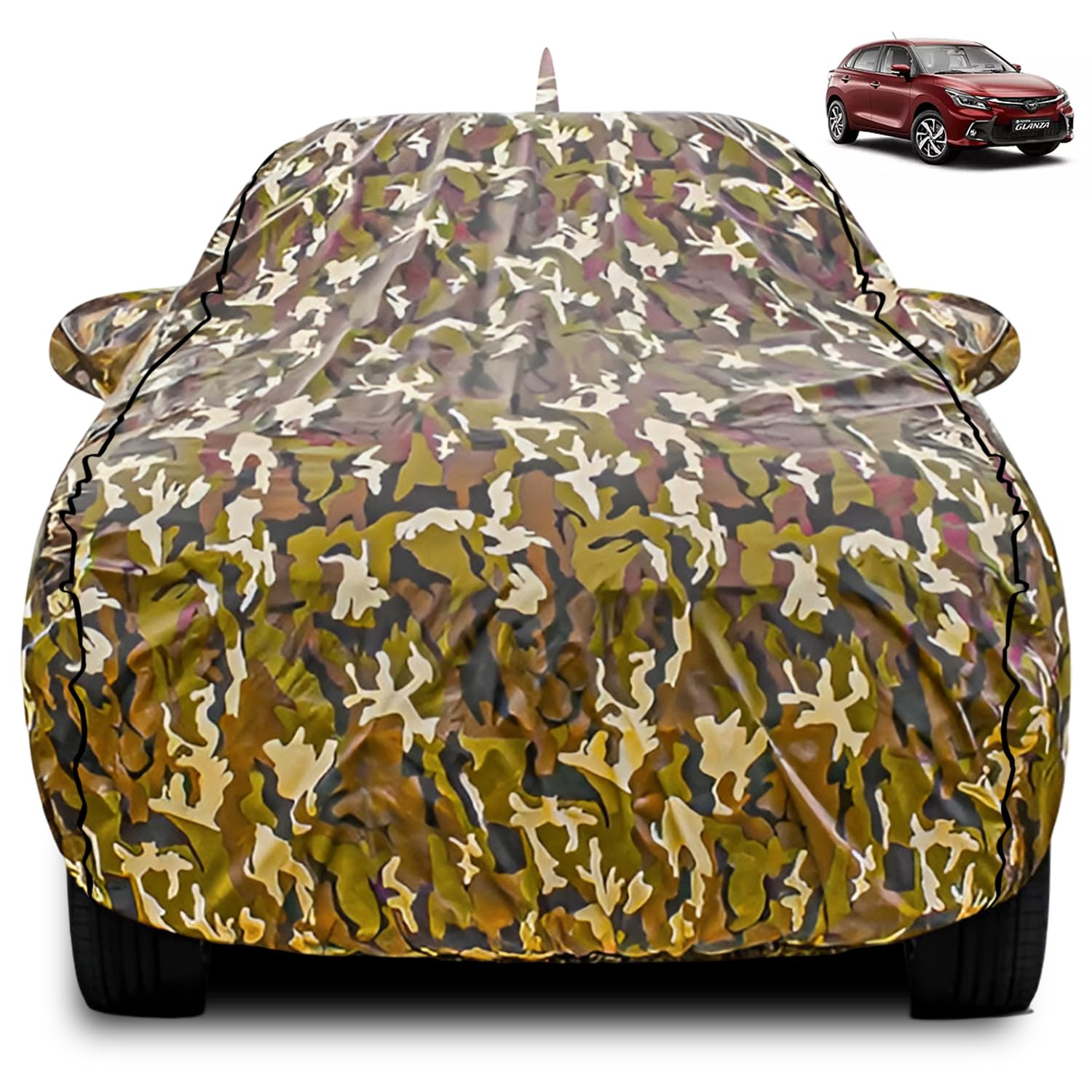 FABTEC Car Body Cover for Toyota Glanza Jungle Print with Soft Cotton Lining Waterproof Car Cover UV & Rain Protection with Mirror and Antenna Pocket Bottom Elastic (Military/Camouflage Pattern)-image-44