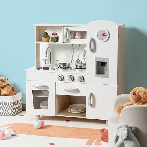 Miniatura 9 de HONEY JOY Juego de cocina para niños, cocina de madera para niños pequeños, utensilios de cocina, teléfono, reloj, dispensador de agua, gabinete