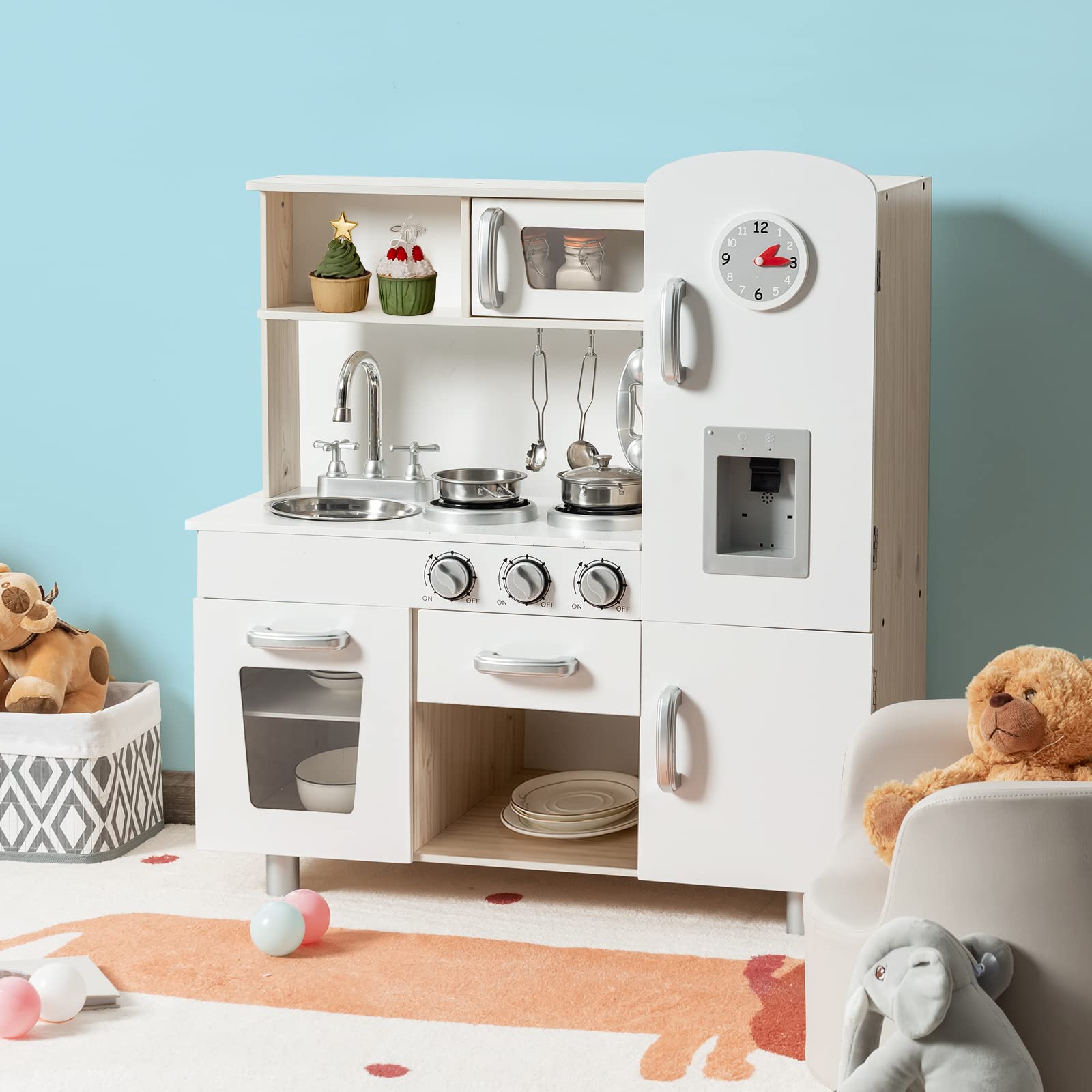 RELAX4LIFE Cucina Giocattolo per Bambini in Legno, Set da Cucina Ben Attrezzato con Microonde, Forno, Distributore d'Acqua, Frigorifero, Giocattolo Educativo per Bambini 3+ Anni (Bianco)