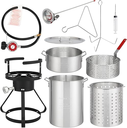 Kit de freidora de pavo de 30 cuartos y freidora de pescado de 10 cuartos con cestas y soporte, olla de aluminio con quemador de propano de 55000