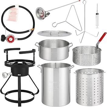 Deep Fryer - 30QT Aluminum Seafood Boil Pot & Turkey Fryer Kit with Basket, Thermometer, Propane for Crab, Lobster, Chicken | Camping, Backyard BBQ, Thanksgiving & Holidays, 4-Piece Set