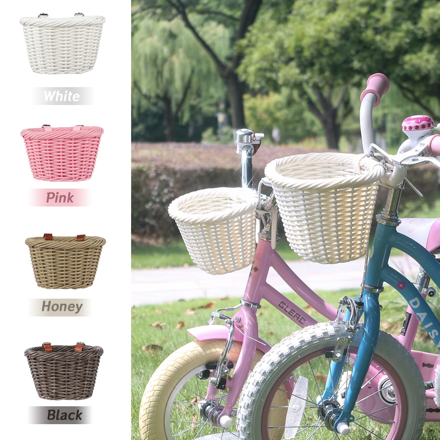 Panier à Vélo Avant Pour Enfant Tressé à La Main - Guidon, Avec 2 Sangles Réglables En Cuir, Détachable (Noir)