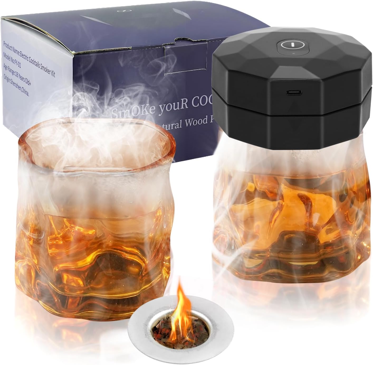 Electric Cocktail Smoker Kit with 6 Natural Wood Chips,Built-in Lighter, No Butane Needed, Smoke Infuser Set with Pecan, Oak, Apple, Pear, Cherry, Beech Flavors,Whiskey Gifts for Men,Dad,Husband