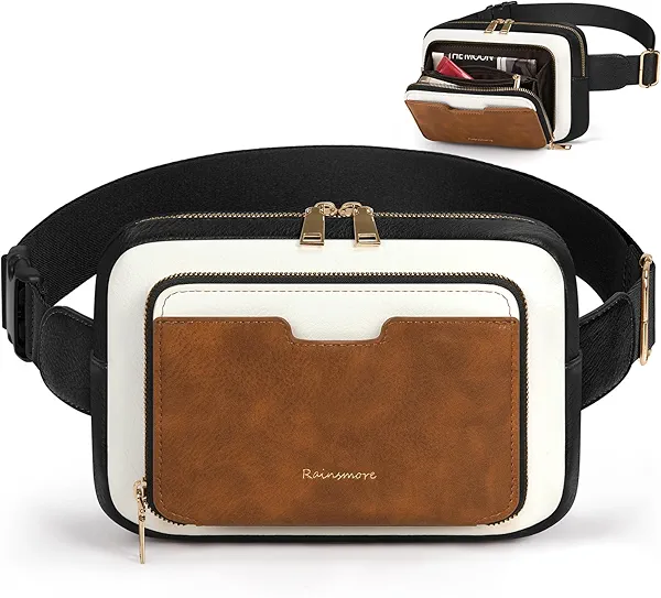 RAINSMORE Fanny Packs for Women, Leather Belt Bag Waterproof Everywhere Crossbody Waist Pack with Adjustable Strap Retro Sling Chest Bag for Work Running Travel Party, Black and Brown with White