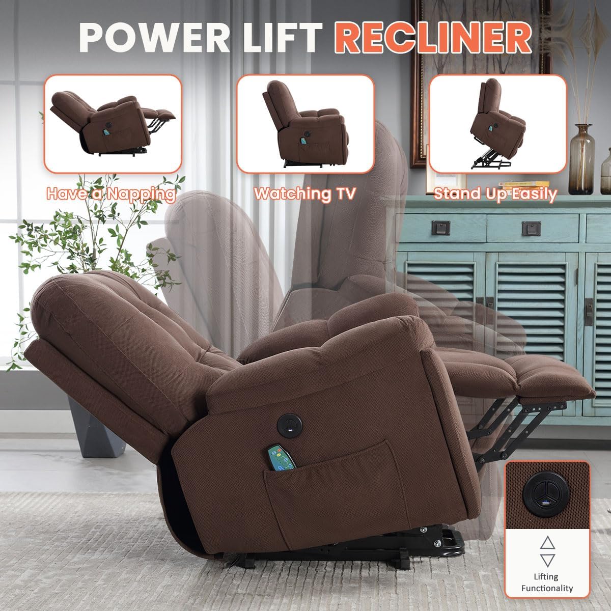 Power lift recliner in various positions