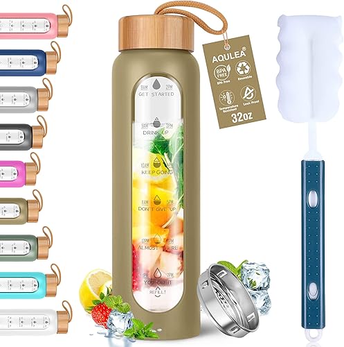 Miniatura 20 de Aqulea Botellas de agua de vidrio de 32 onzas con funda de silicona, botellas de agua motivacionales de vidrio de boca ancha reutilizables sin BPA