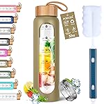 Aqulea Glass Water Bottles 32 Oz with Silicone Sleeve - BPA Free Reusable Wide Mouth Glass Motivational Water Bottles with Fruit Infuser - Leak Proof Borosilicate Water Bottle with Time Marker (Champ)