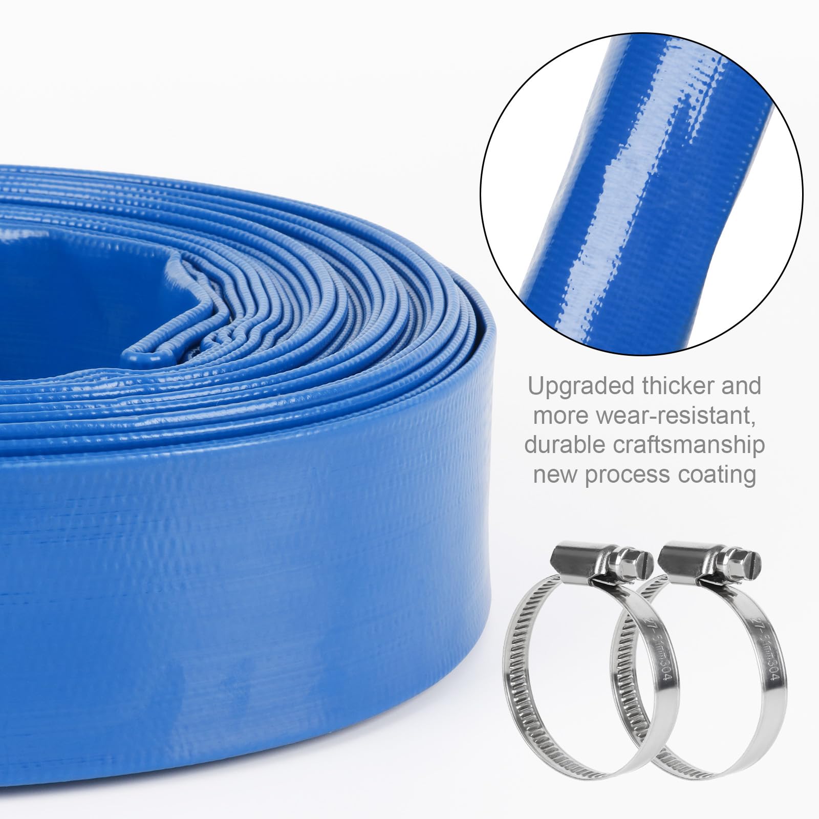 Manguera de retrolavado de piscina de 2 pulgadas x 50 pies, manguera de bomba de sumidero plana resistente, manguera de descarga reforzada con abrazadera, resistente a la intemperie y a las