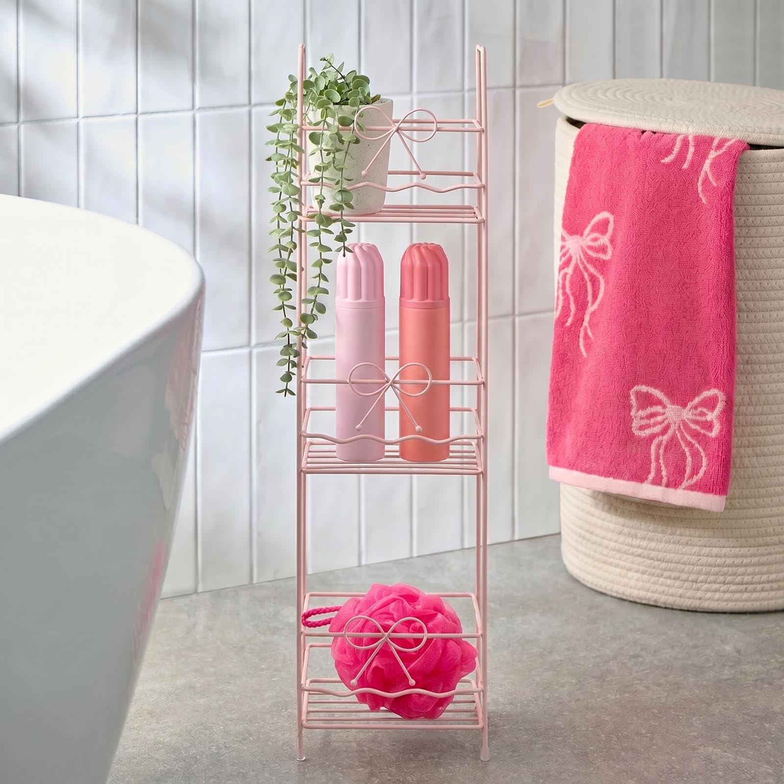 OHS Bathroom Caddy Freestanding Bow Design 3 Tier Shower Shelf, Pink