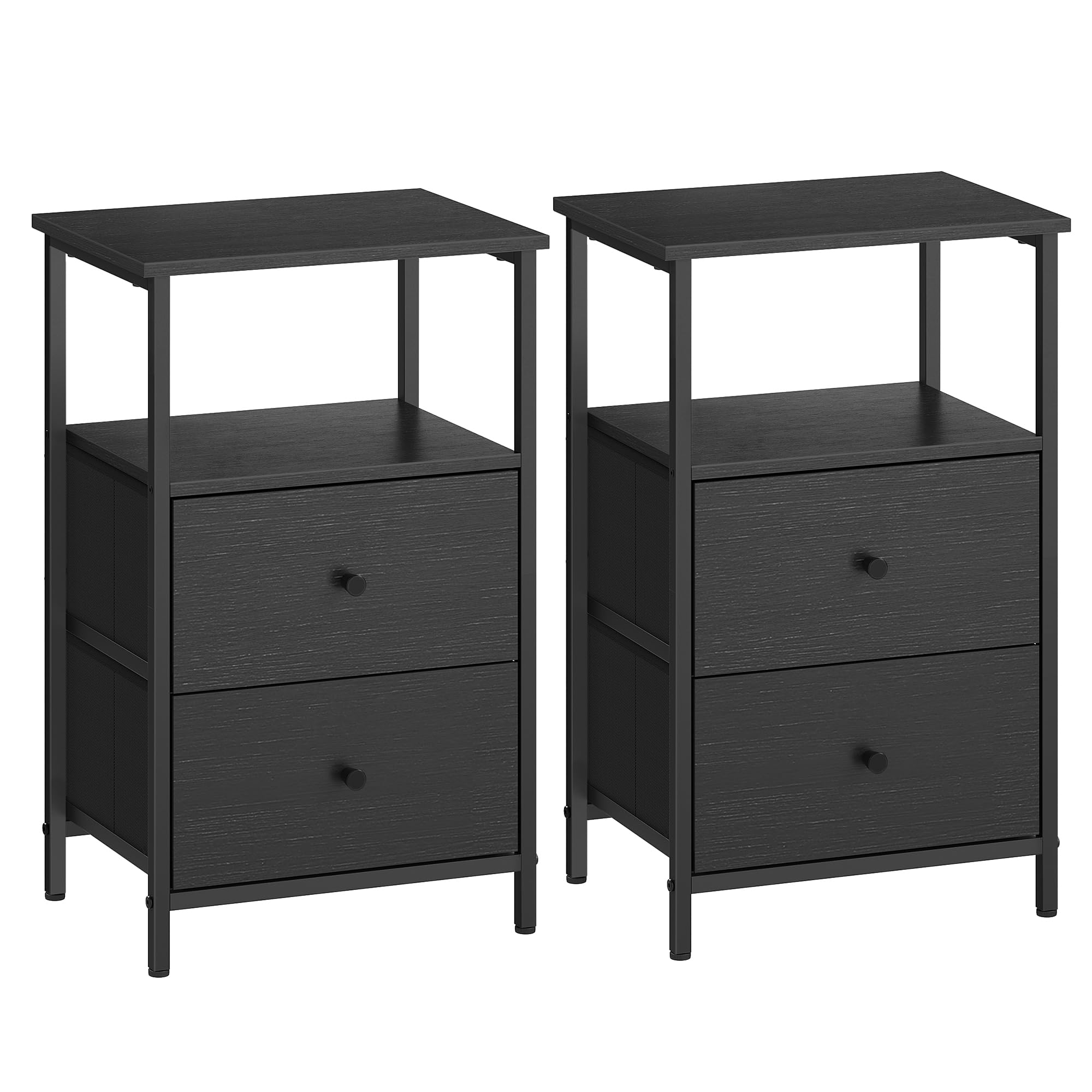 VASAGLE Juego de 2, Mesita de Noche, Mesa Auxiliar con 2 Cajones de Tela, Mesilla Alta de 61 cm con Estante de Almacenamiento, Salón, Dormitorio, Ceniza, Tinta y Negro Mate LGS225B21, 38 x 28 x 61 cm