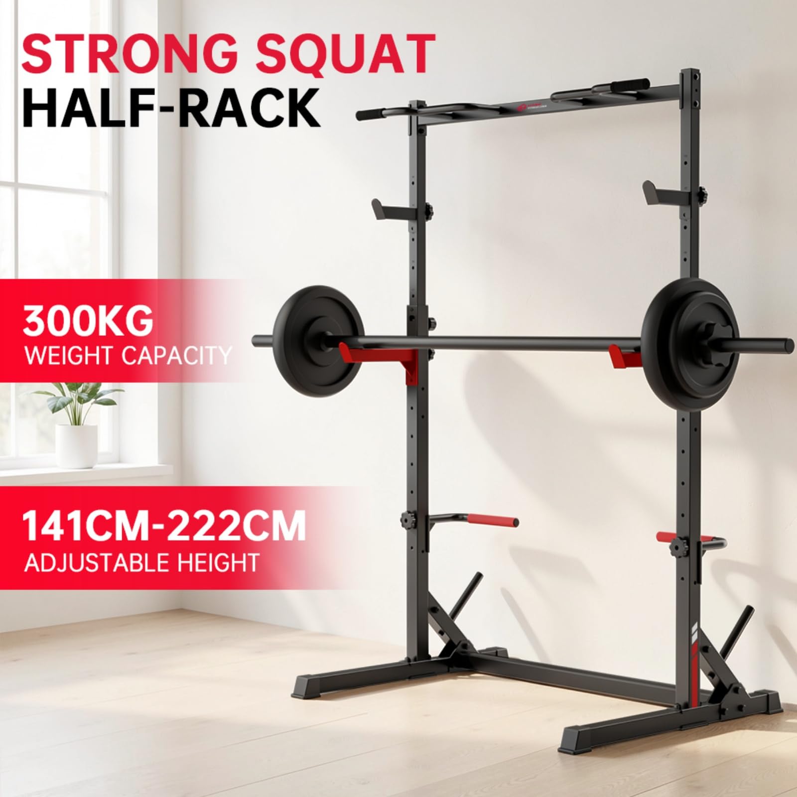 Multifunktionales Kniebeugen-Rack mit Klimmzugstange, voll verstellbare Kraftstation, 300 kg Tragkraft, Krafttraining für zu Hause