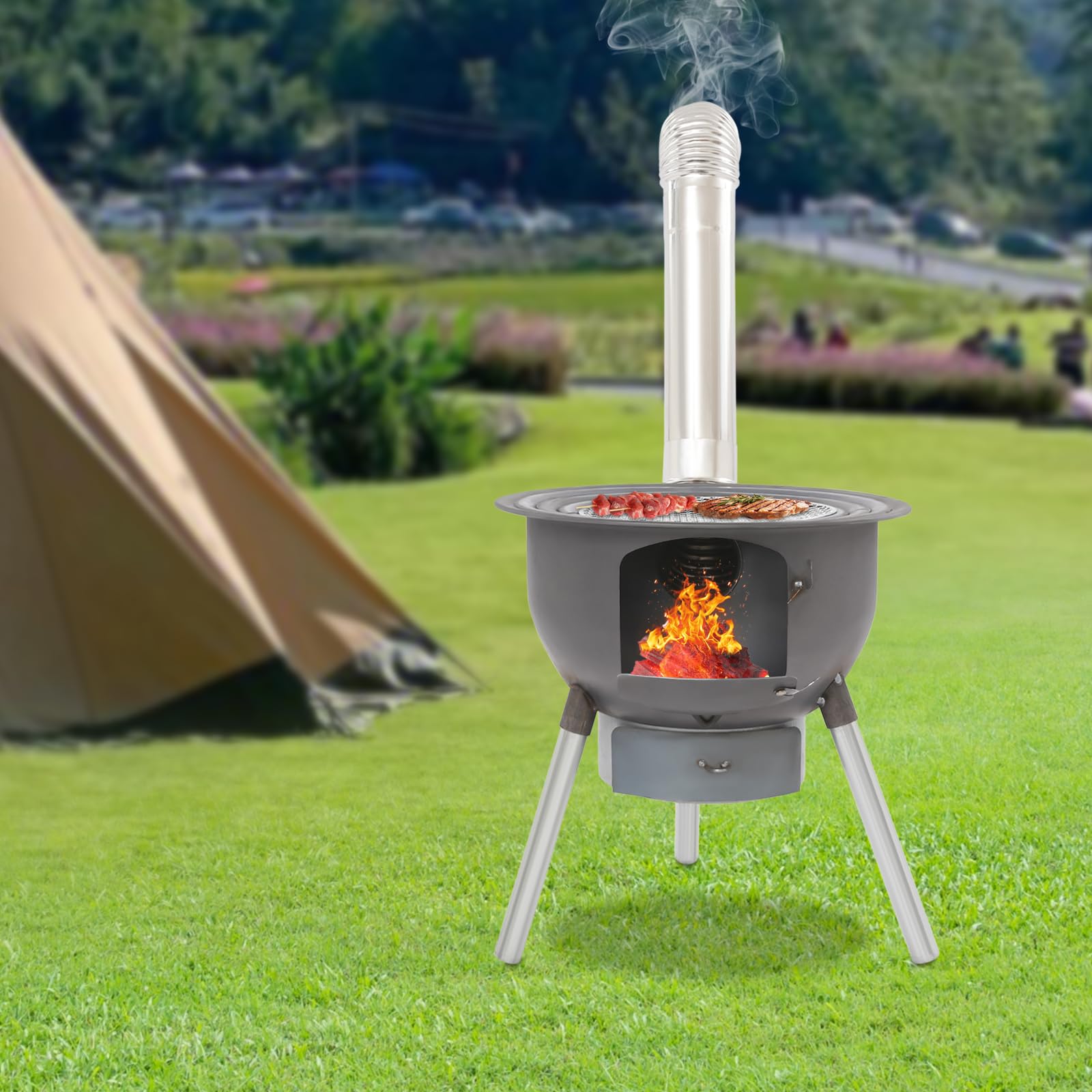 Piec na drewno, outdoorowy piec namiotowy z rurą, płytą grillową, pierścieniami wok, wielofunkcyjny piec ogrodowy, przenośny piec kempingowy, stalowy palenisko do gotowania i ogrzewania, piec awaryjny