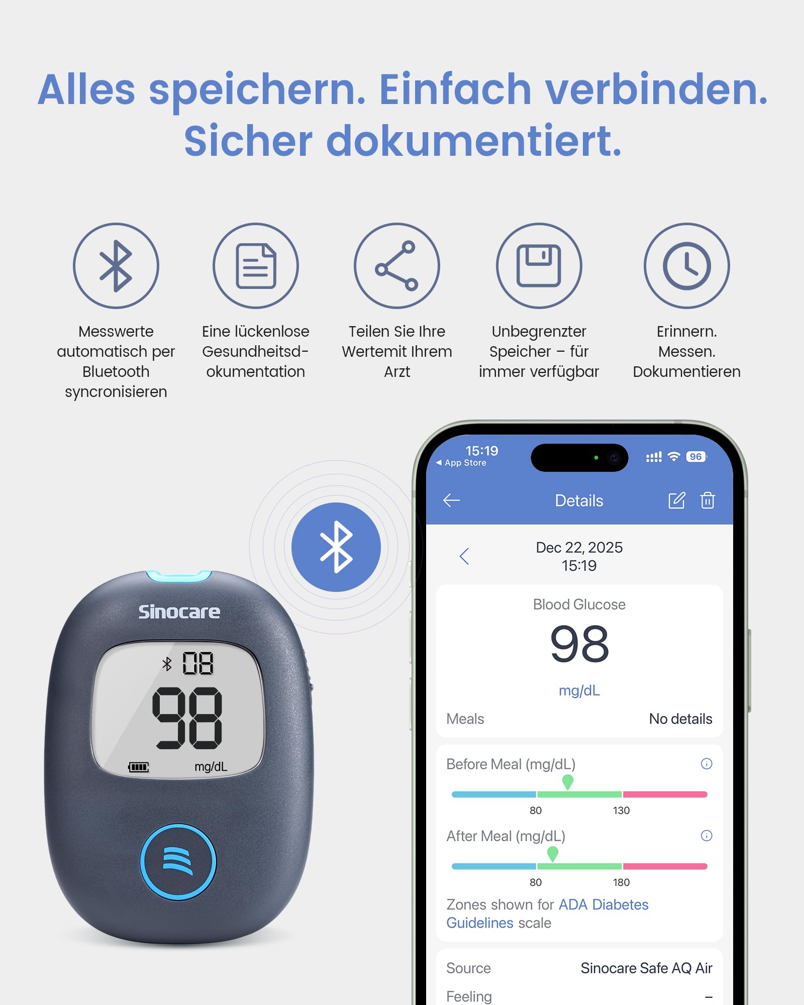 Sinocare Safe AQ Air Blutzuckermessgerät, einfaches und großartiges Blutzuckertest-Set mit Bluetooth und App, mit 100 Teststreifen und Lanzetten, in mg/dl