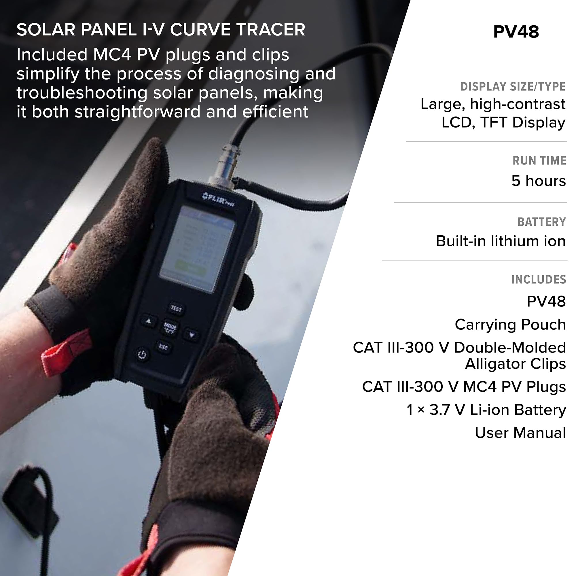 TESTER PER PANNELLI SOLARI E TRACCIATORE CURVA I-V CON MISURAZIONI DI TEMPERATURA FLIR PV48