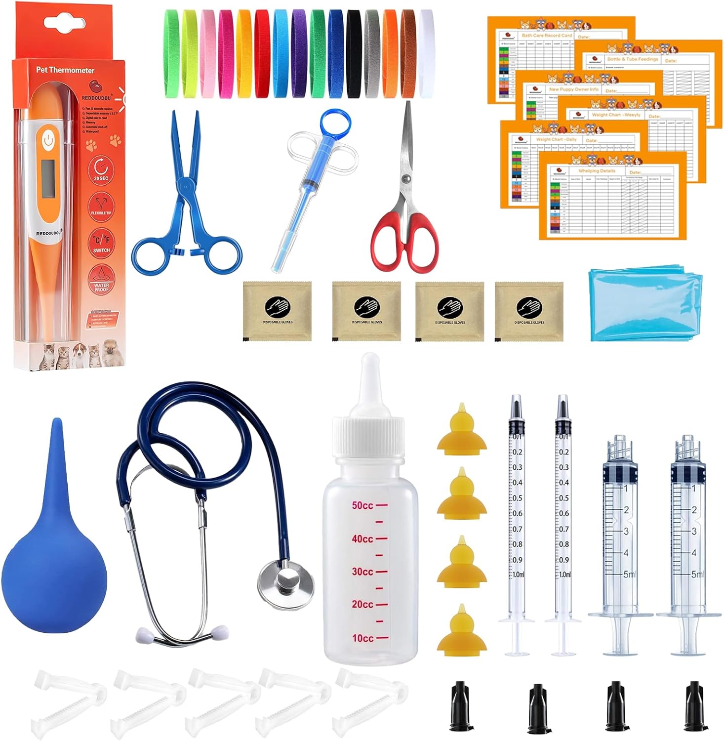 65 Pcs Deluxe Whelping Kit, Delivery of Kitten and Puppy Whelping Kit with Feeding Nipple Stethoscope Aspirator Puppy ID Bands etc Complete Full Kit
