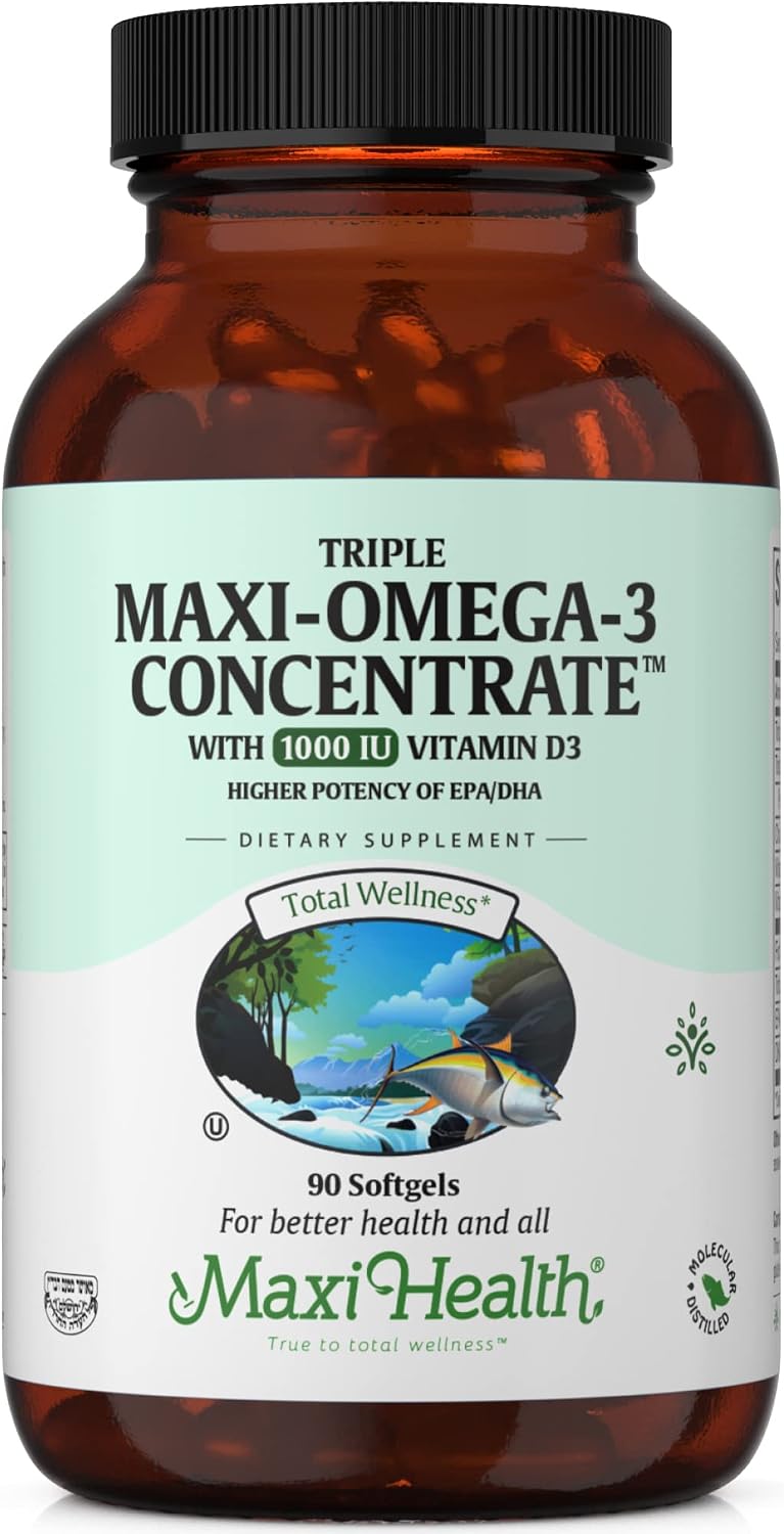Maxi Health Omega 3 Supplement with Vitamin D3 1000 IU - Omega-3 Fish Oil Concentrate from Wild Caught Tuna – Kosher – Heart & Joint Health - High Potency Source of EPA / DHA Fatty Acids - 90 Vegetarian Softgels
