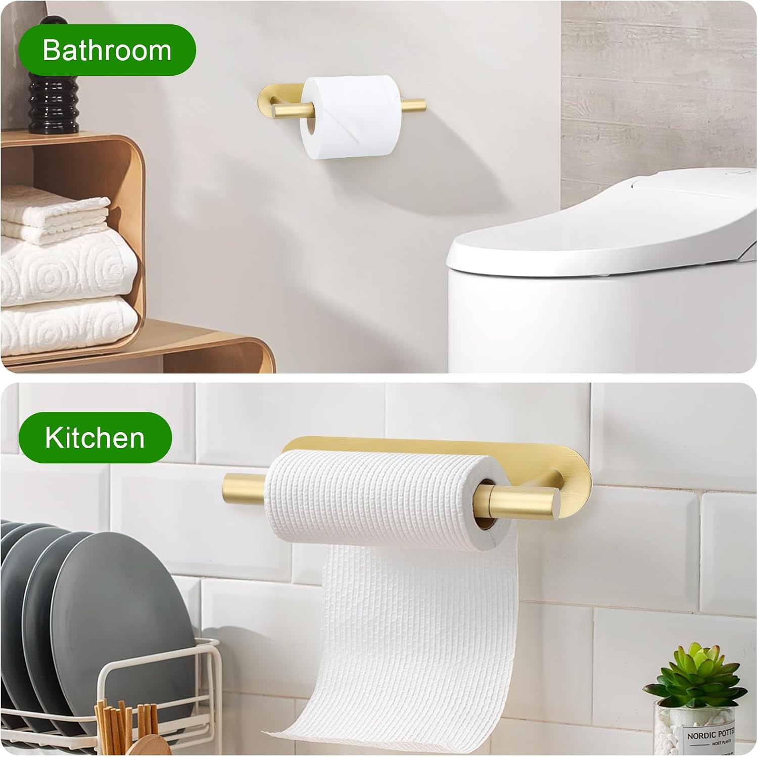 2 Pieces Self Adhesive Brushed Gold Toilet Paper Holder, Commercial Toilet Paper Dispenser Toilet Roll Holder, Double Base Paper Towel Holder Wall Mount No Drilling for Bathroom, Kitchen