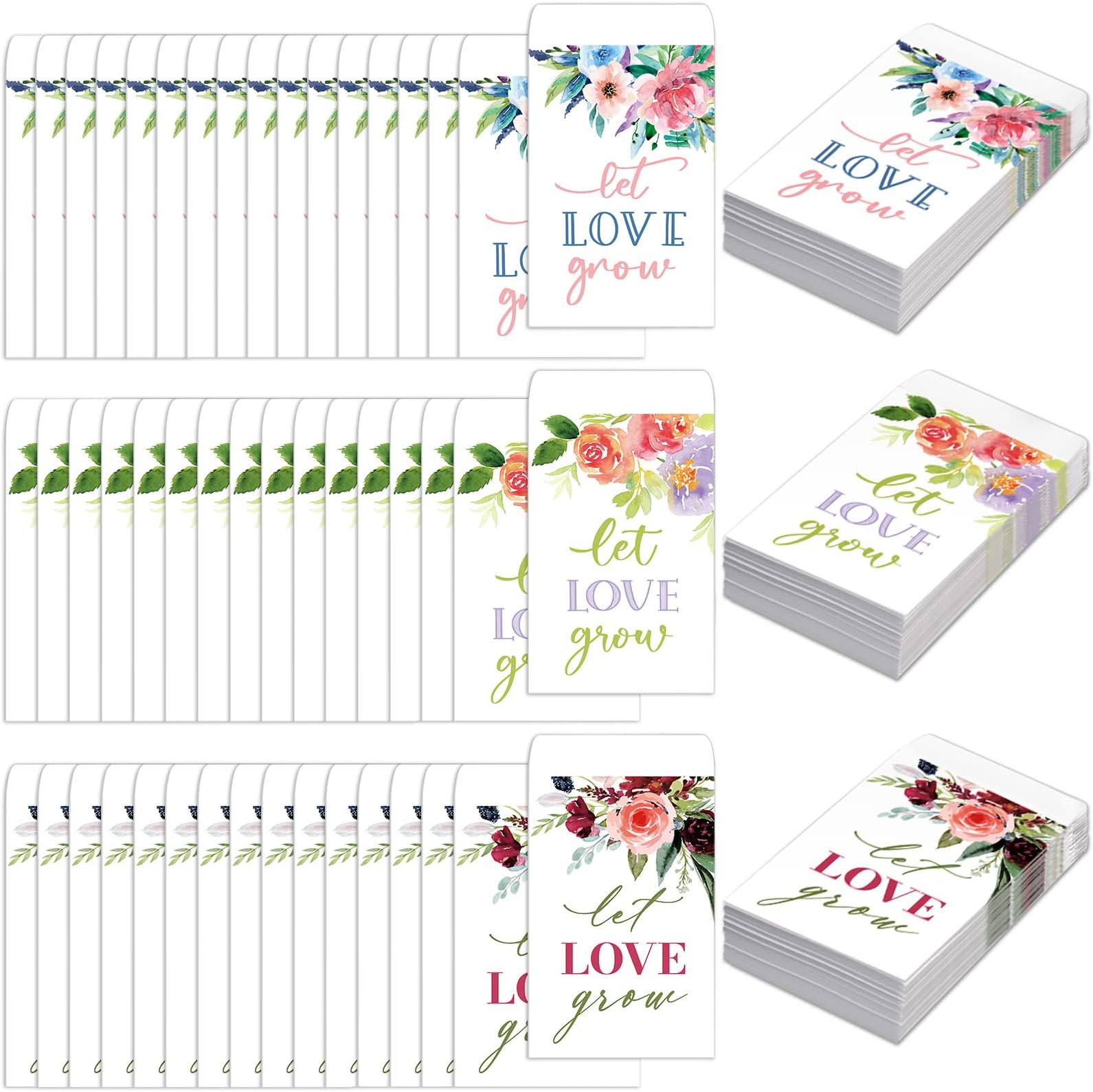 150 Pieces Greenery Seed Packets Let Love Grow Seed Packets Self Adhesive Wedding Envelopes Retro Christmas Valentine Wedding Favors for Guests, 3 Styles (Flowers)