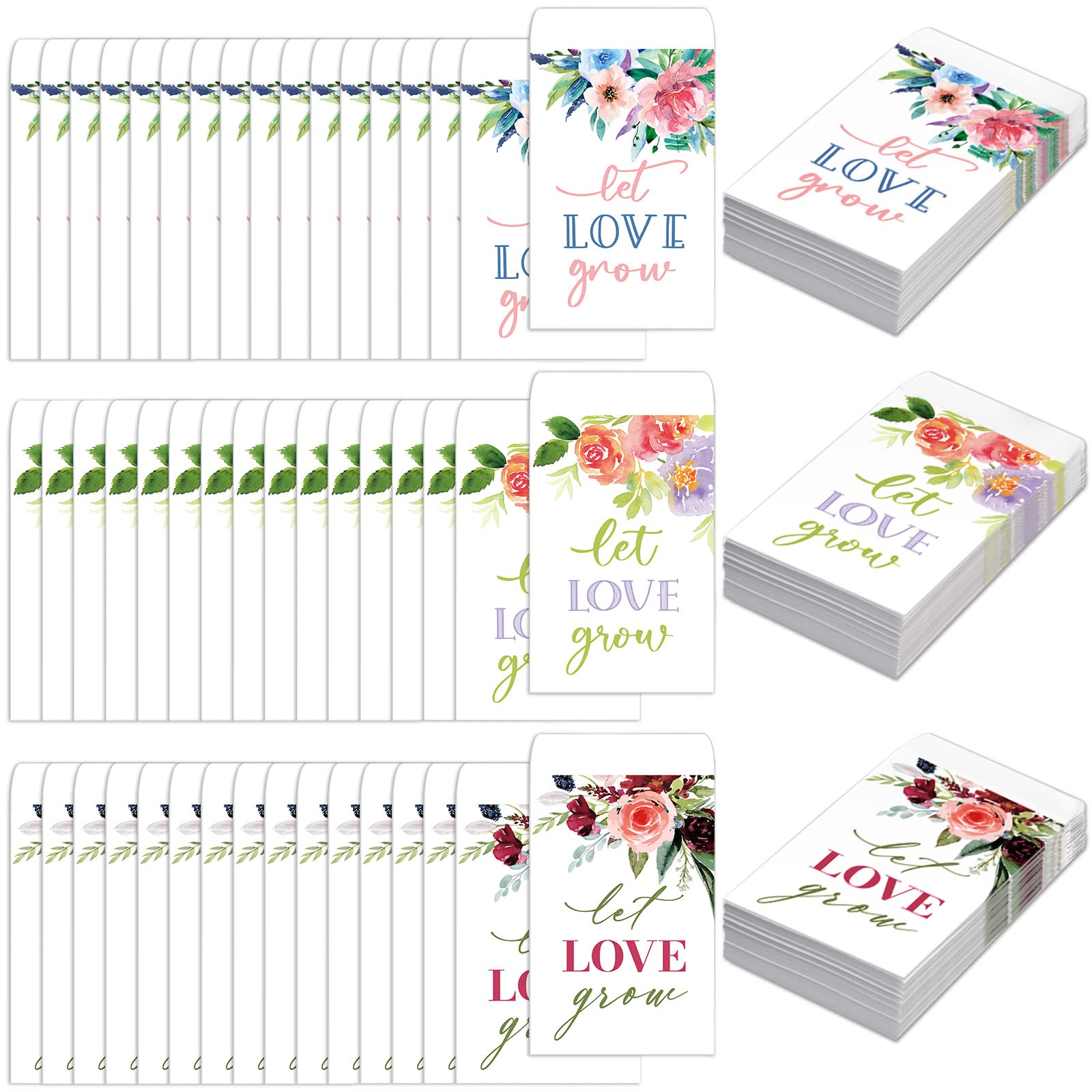 150 Pieces Greenery Seed Packets Let Love Grow Seed Packets Self Adhesive Wedding Envelopes Retro Christmas Valentine Wedding Favors for Guests, 3 Styles (Flowers)