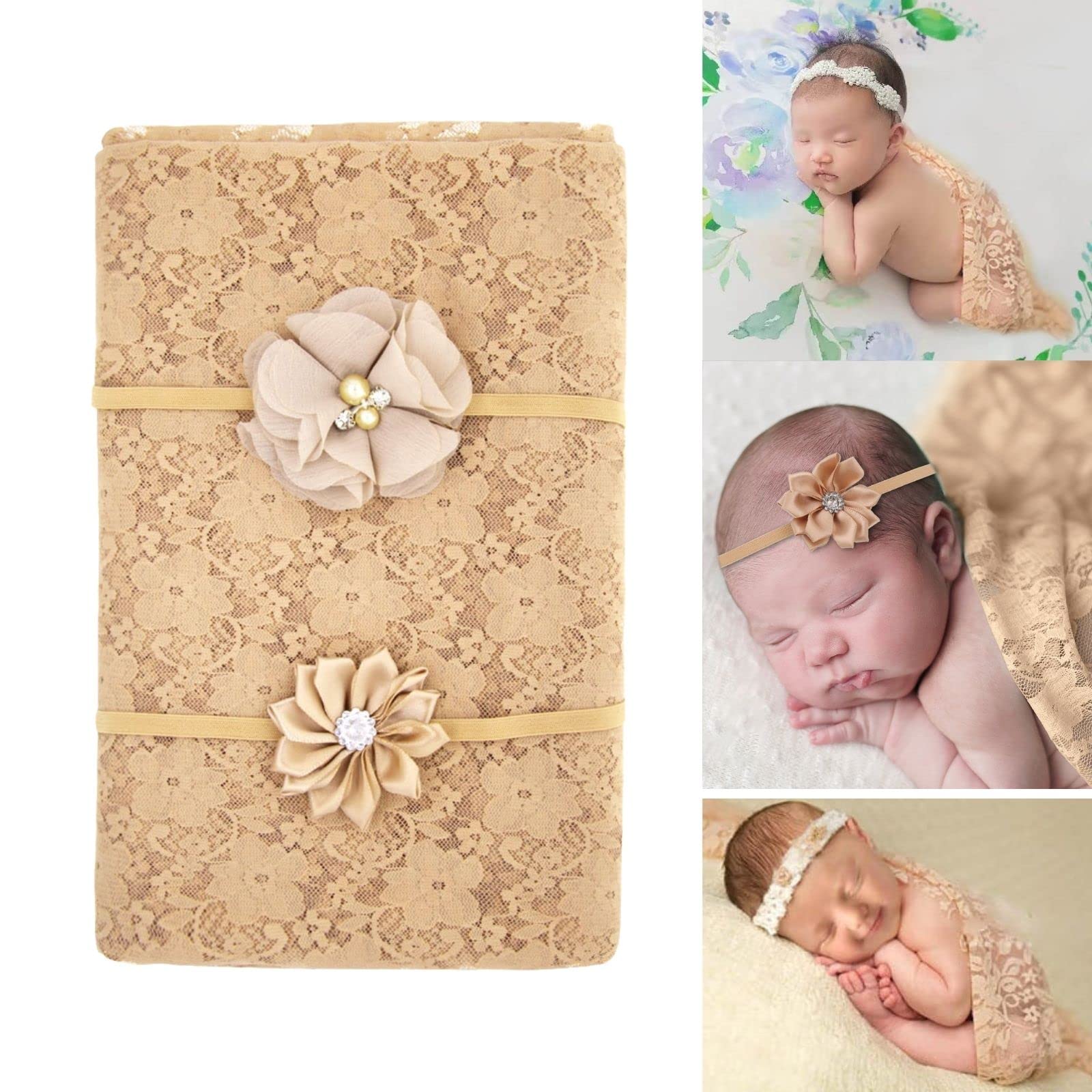 Baby Photo Props Lace Wrap with 2 pcs Headbands Set, Professional Newborn Photography Props Floral Long Ripple Wrap (Brown)