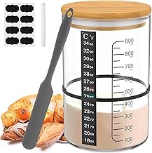 Sourdough Starter Jar Kit with Wooden Lid 900ml Sourdough Starter Container Wide Mouth Clear Glass Sourdough Starter Jar with Temperature Paper Spatula Rubber String Labels Pen for Baking Bread