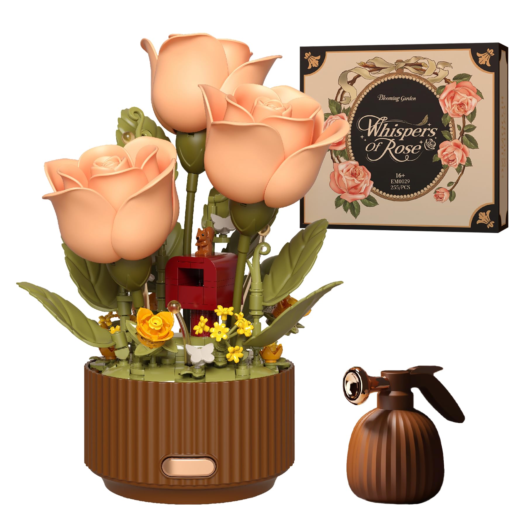 Rosen Bausteine Blumen mit Blumentopf, 255 Teile Botanik Klemmbausteine, Künstliche Blume Bauklötze Bausatz Spielzeug für Home Deko Geschenk für Erwachsene Freundin Frauen